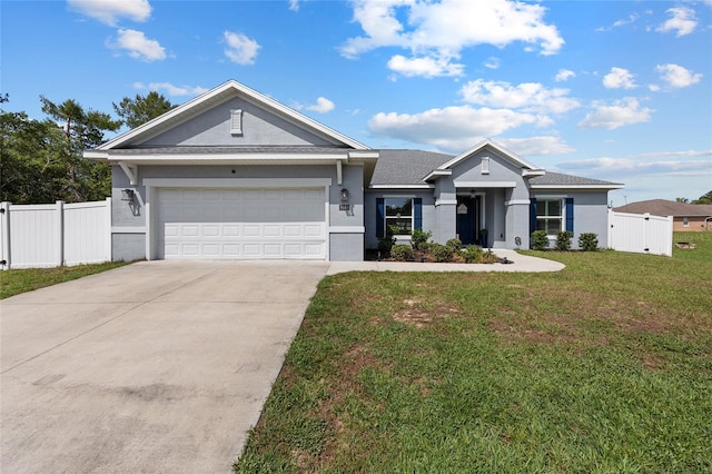 ranch-style home featuring concrete driveway, stucco siding, a garage, and a gate