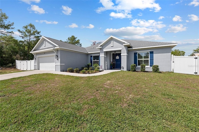 single story home with a gate, a garage, stucco siding, and concrete driveway