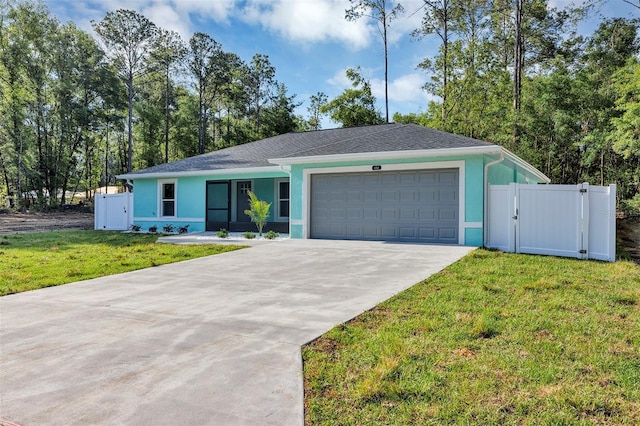single story home featuring stucco siding, an attached garage, fence, and a gate