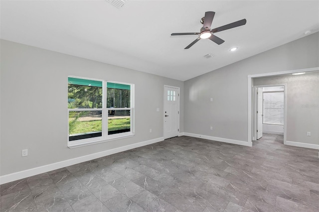 unfurnished living room featuring visible vents, baseboards, ceiling fan, lofted ceiling, and recessed lighting