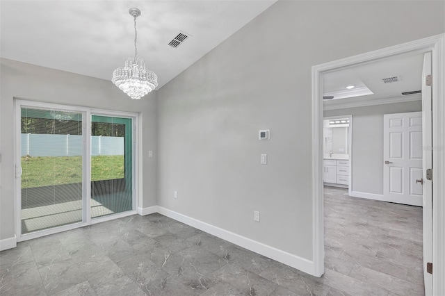 unfurnished room with baseboards, a notable chandelier, and visible vents
