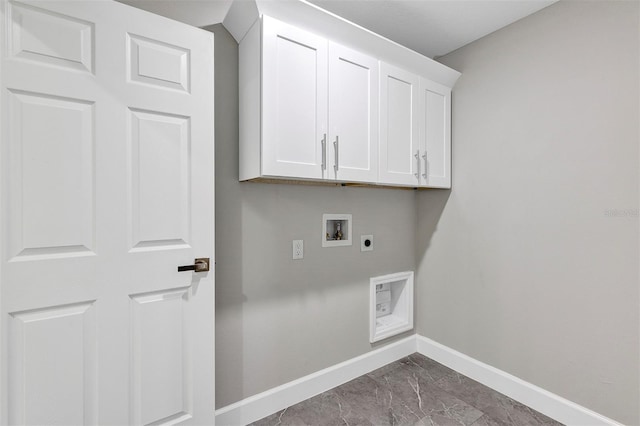 clothes washing area featuring electric dryer hookup, cabinet space, hookup for a washing machine, baseboards, and marble finish floor