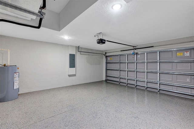 garage featuring electric panel, water heater, and a garage door opener