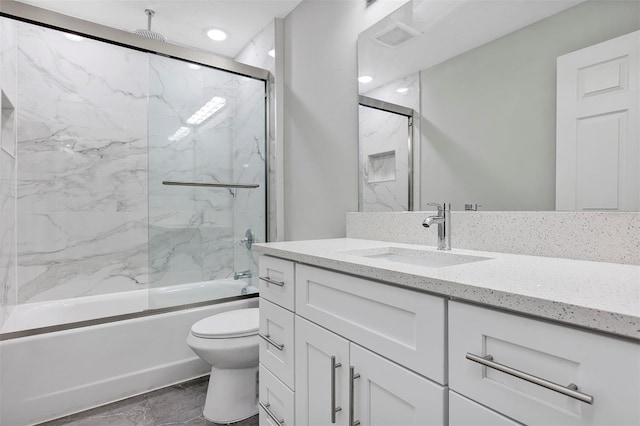 bathroom with recessed lighting, toilet, visible vents, vanity, and a combined bath / shower with rainfall shower