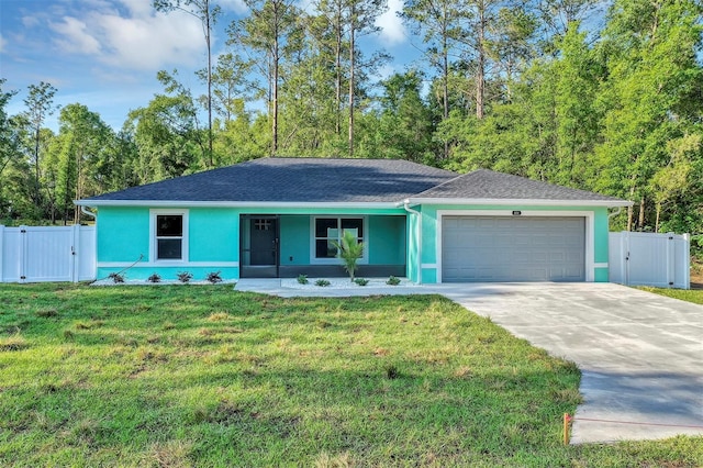 ranch-style home featuring a gate, a garage, and stucco siding