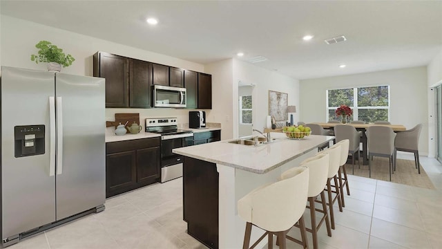 7076 SE 113th Ln, Belleview, FL 34420 - kitchen with a sink, light tile patterned flooring, visible vents, a breakfast bar area, and appliances with stainless steel finishes