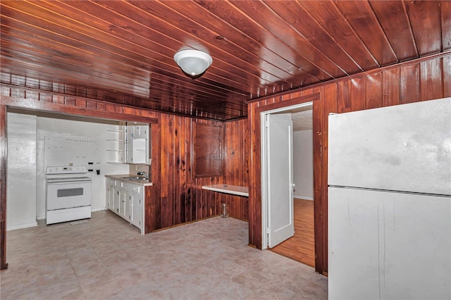 kitchen with electric stove, a sink, wooden walls, wooden ceiling, and white cabinets