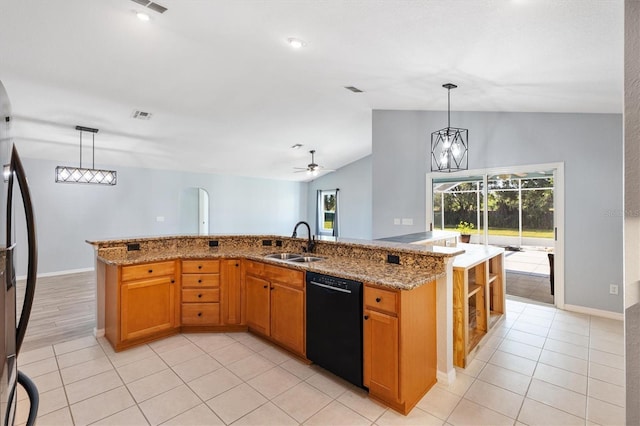 kitchen with dishwasher, a sink, plenty of natural light, lofted ceiling, and ceiling fan