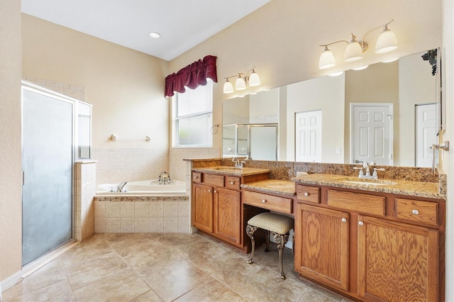 full bath featuring a shower stall, a bath, double vanity, and tile patterned floors