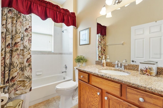 bathroom featuring toilet, vanity, shower / bath combination with curtain, and tile patterned flooring