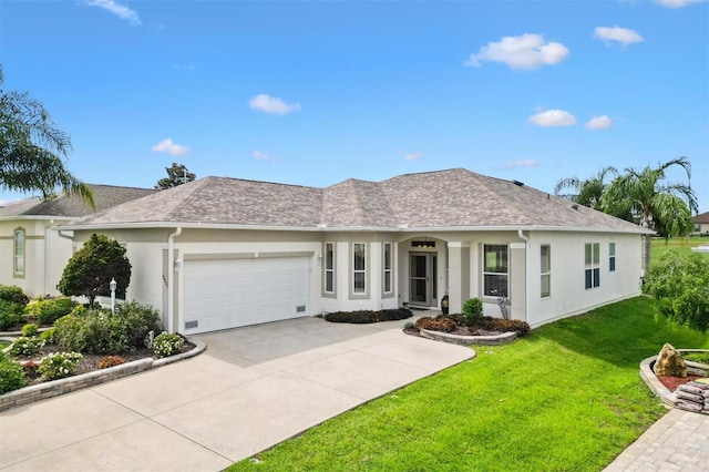 ranch-style house featuring stucco siding, a front yard, a garage, and concrete driveway