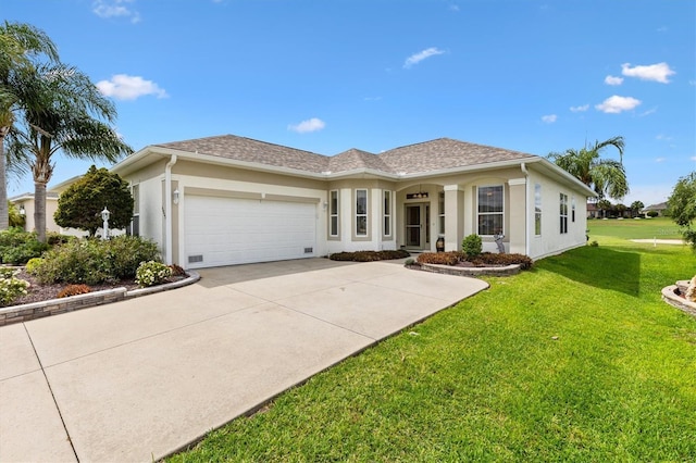 single story home featuring an attached garage, concrete driveway, a front lawn, and stucco siding