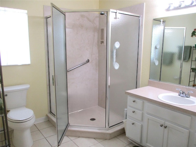 bathroom with a stall shower, tile patterned flooring, vanity, and toilet