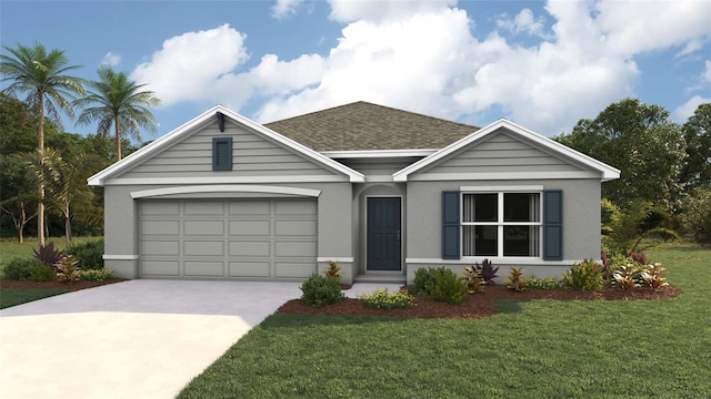 ranch-style home featuring roof with shingles, an attached garage, driveway, stucco siding, and a front yard