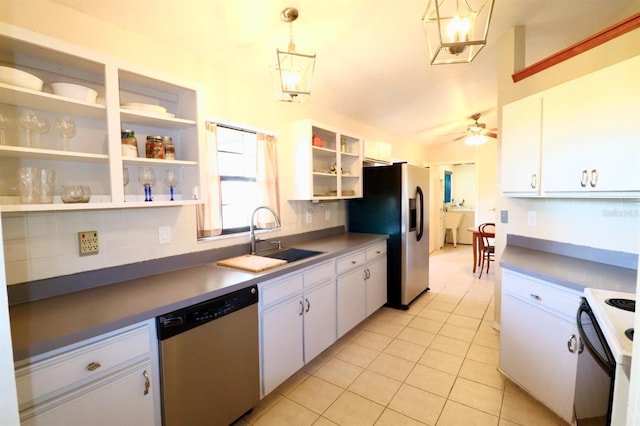 5351 SW 80th Pl, Ocala, FL 34476 - kitchen with stainless steel appliances, a sink, open shelves, light tile patterned floors, and a ceiling fan