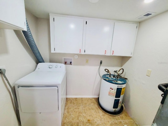 laundry area featuring washer / clothes dryer, cabinet space, and electric water heater