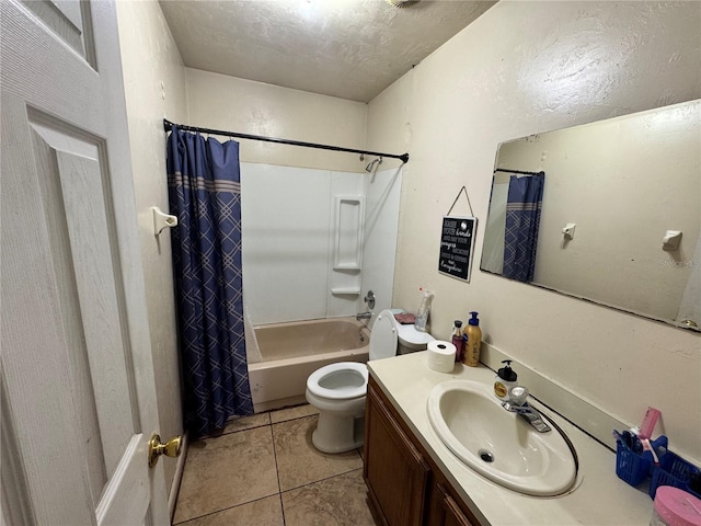 bathroom featuring tile patterned flooring, vanity, toilet, and shower / tub combo with curtain