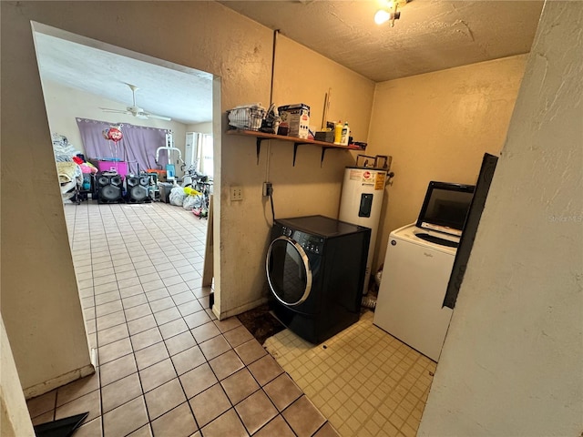 laundry room featuring separate washer and dryer, a textured wall, electric water heater, ceiling fan, and a textured ceiling