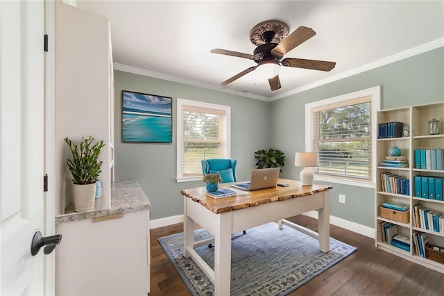 office area featuring healthy amount of natural light, ceiling fan, dark wood-style flooring, and crown molding