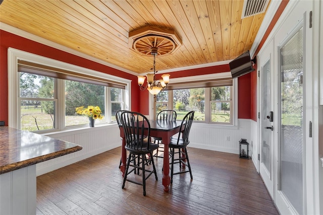 dining room with wood ceiling, healthy amount of natural light, a chandelier, crown molding, and a wainscoted wall