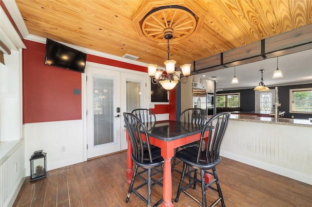 dining space featuring wood ceiling, dark wood-style floors, a wainscoted wall, and a chandelier