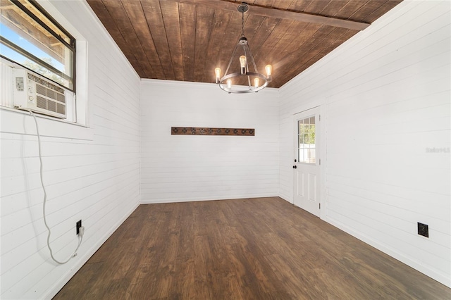 spare room featuring wooden ceiling, a chandelier, dark wood-style flooring, wooden walls, and cooling unit