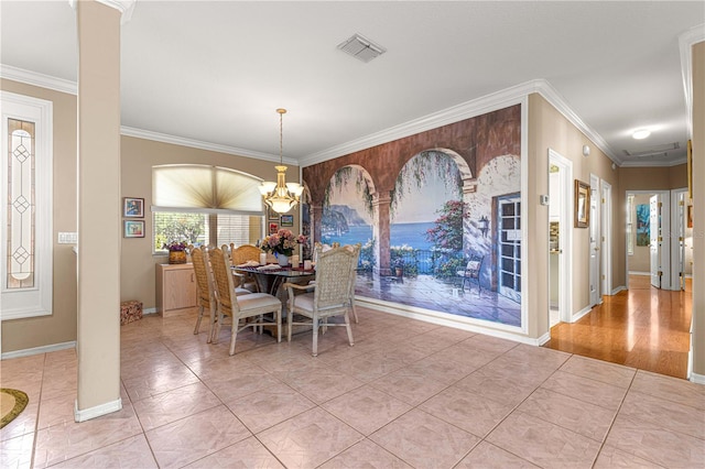 13885 Del Webb Blvd, Summerfield, FL 34491 - tiled dining space with crown molding, baseboards, and a chandelier