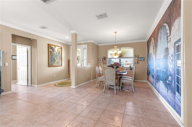 13885 Del Webb Blvd, Summerfield, FL 34491 - dining area featuring a chandelier, crown molding, light tile patterned floors, and baseboards