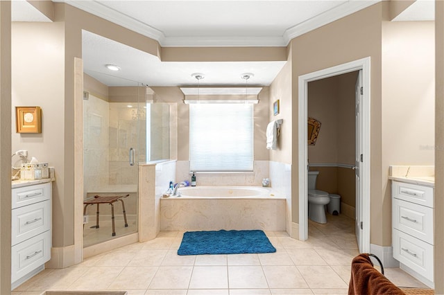 13885 Del Webb Blvd, Summerfield, FL 34491 - bathroom featuring a stall shower, vanity, a garden tub, ornamental molding, and toilet