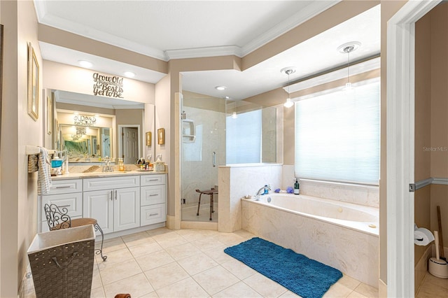 13885 Del Webb Blvd, Summerfield, FL 34491 - bathroom featuring a bath, crown molding, vanity, a shower stall, and tile patterned flooring