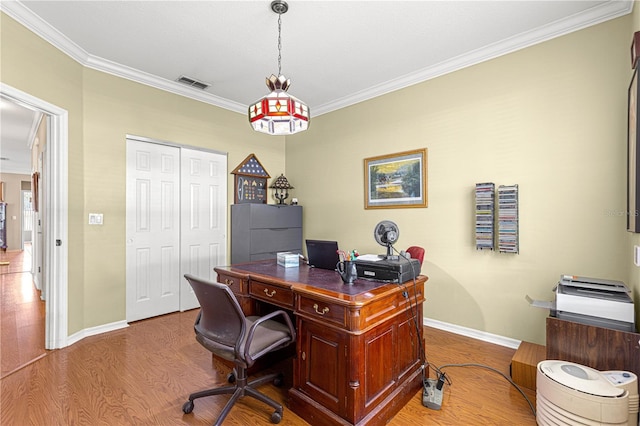 13885 Del Webb Blvd, Summerfield, FL 34491 - office area with ornamental molding, wood finished floors, and baseboards