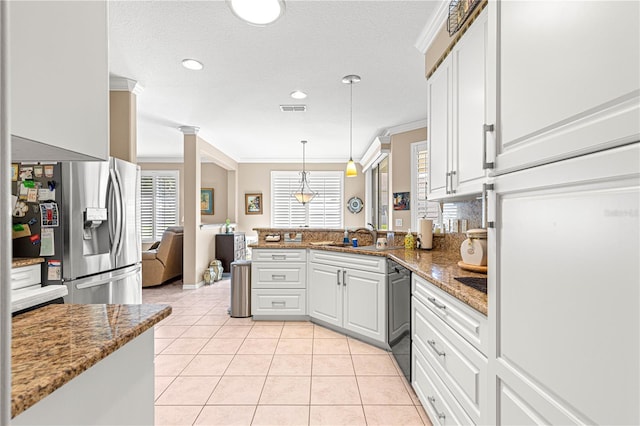 13885 Del Webb Blvd, Summerfield, FL 34491 - kitchen featuring stainless steel fridge with ice dispenser, a peninsula, dishwasher, a sink, and light tile patterned flooring