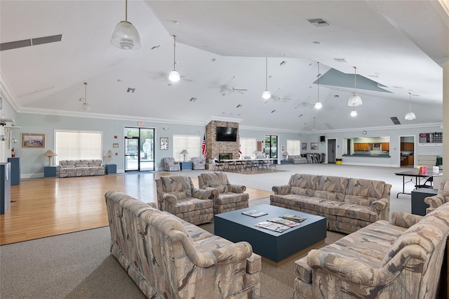 4886 NW 30th Pl, Ocala, FL 34482 - living room with high vaulted ceiling, carpet flooring, and ceiling fan