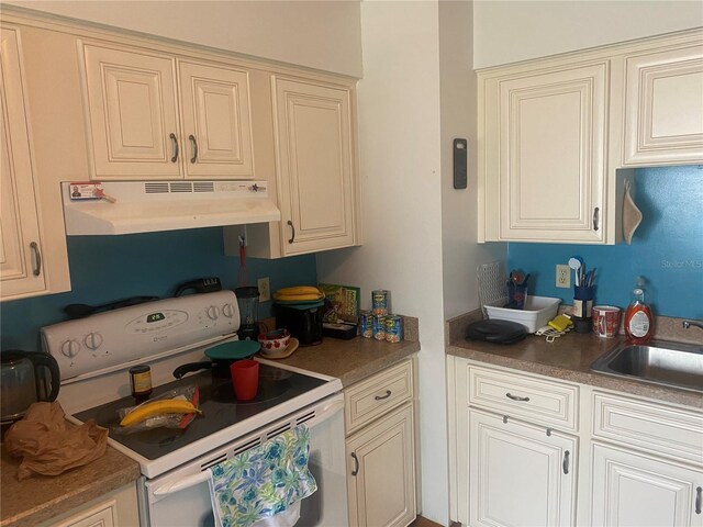 9920 SW 102nd Pl, Ocala, FL 34481 - kitchen with electric stove, under cabinet range hood, and a sink