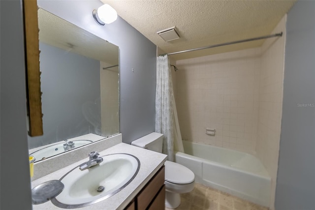bathroom with toilet, vanity, a textured ceiling, and shower / bath combination with curtain