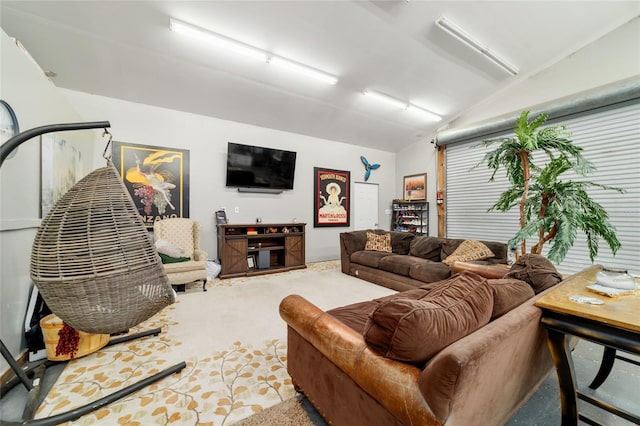 living area featuring carpet and lofted ceiling