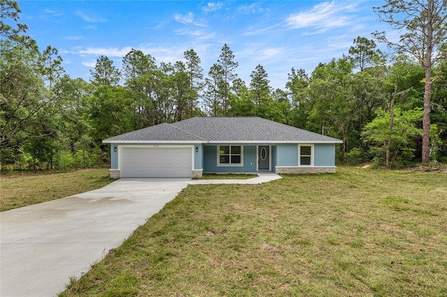 ranch-style house featuring a garage, concrete driveway, a front lawn, and stucco siding