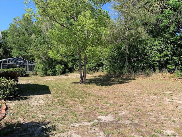 view of grassy yard with glass enclosure