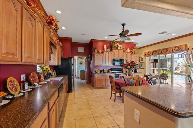 4725 County Road 121d, Wildwood, FL 34785 - kitchen with black appliances, a ceiling fan, light tile patterned floors, recessed lighting, and brown cabinetry