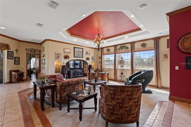 4725 County Road 121d, Wildwood, FL 34785 - living room with light tile patterned flooring, a raised ceiling, recessed lighting, baseboards, and a chandelier