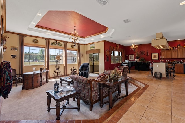 4725 County Road 121d, Wildwood, FL 34785 - living room featuring a chandelier, a raised ceiling, and light tile patterned floors