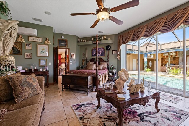 4725 County Road 121d, Wildwood, FL 34785 - bedroom with access to exterior, light tile patterned flooring, ceiling fan, and a wall mounted air conditioner
