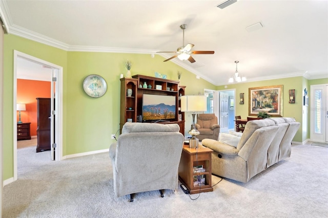 living area featuring carpet floors, a chandelier, crown molding, a ceiling fan, and baseboards