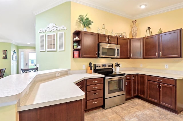 kitchen featuring stainless steel appliances, light countertops, a peninsula, open shelves, and crown molding