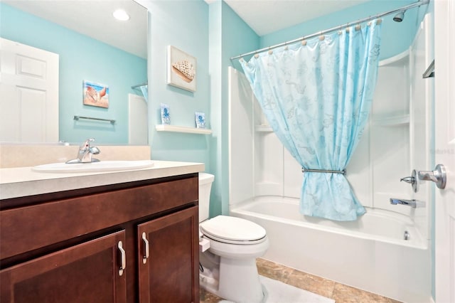 bathroom featuring shower / bathtub combination with curtain, toilet, and vanity