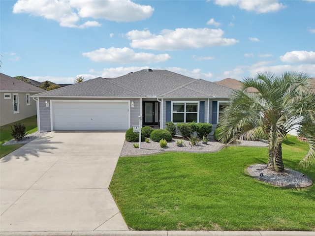 single story home featuring concrete driveway, a garage, a front yard, and a shingled roof