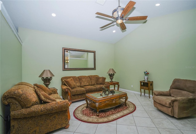 7475 SE 105th Pl, Belleview, FL 34420 - living room with lofted ceiling, a ceiling fan, light tile patterned floors, and recessed lighting