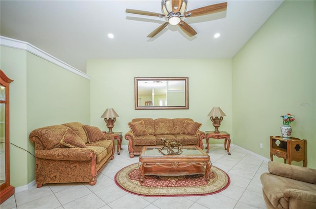 7475 SE 105th Pl, Belleview, FL 34420 - living room with light tile patterned floors, ceiling fan, recessed lighting, and baseboards