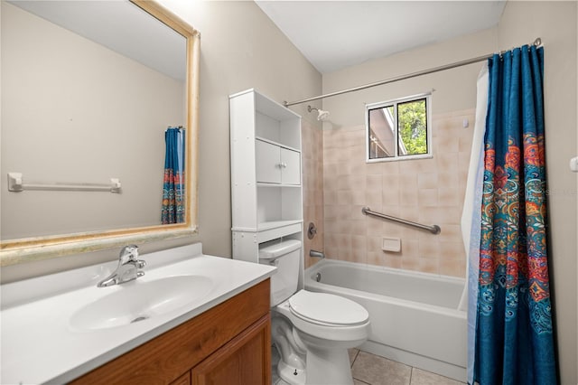 full bath featuring tile patterned flooring, shower / bath combo with shower curtain, vanity, and toilet