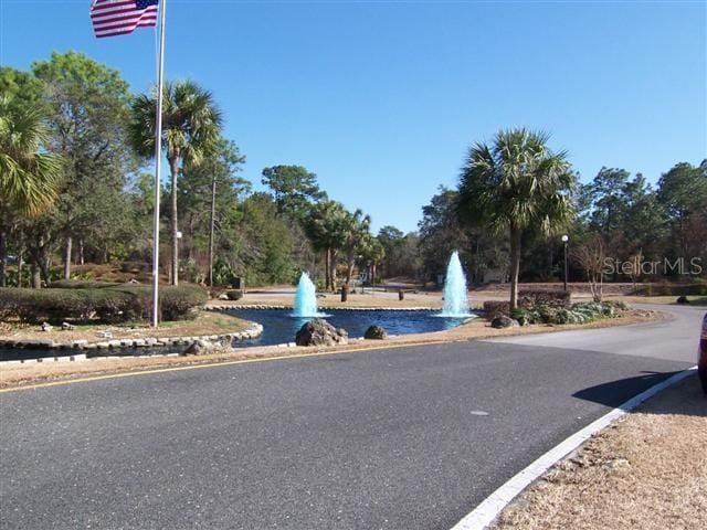 view of asphalt road featuring view of wooded area and street lighting